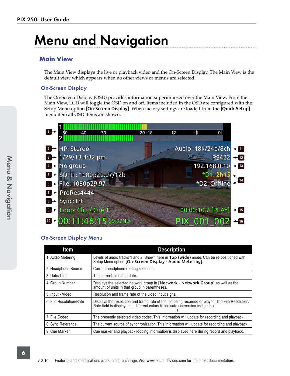 Menu and navigation, Main view, Een display (osd) is active | User in, Menu & n avig ation | Sound Devices PIX 250i User Manual | Page 12 / 86