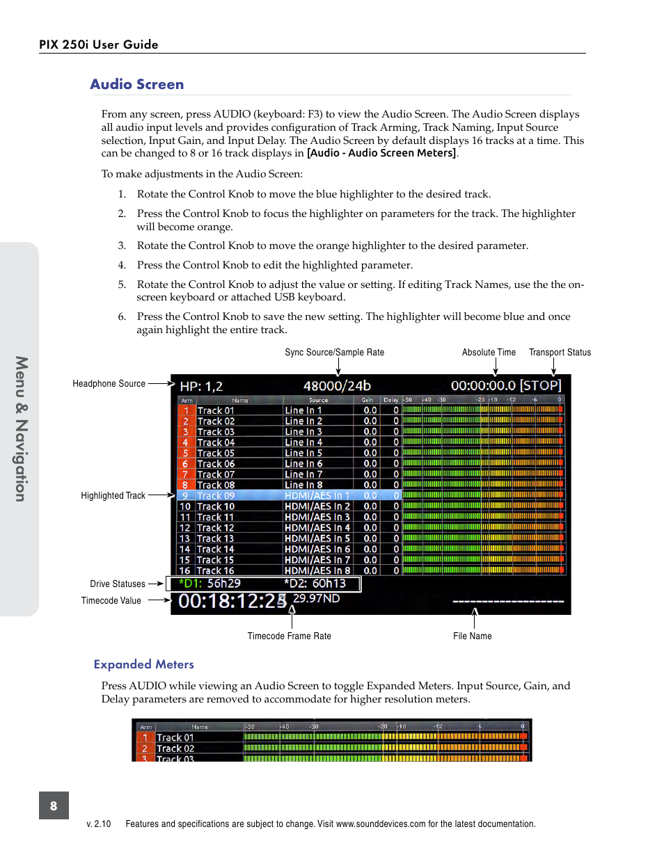 Audio screen, Menu & n avig ation | Sound Devices PIX 250i User Manual | Page 14 / 86