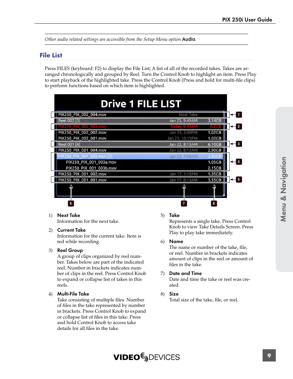 File list, Menu & n avig ation | Sound Devices PIX 250i User Manual | Page 15 / 86