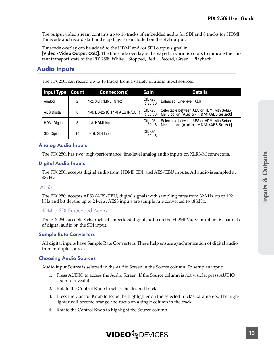 Audio inputs | Sound Devices PIX 250i User Manual | Page 19 / 86