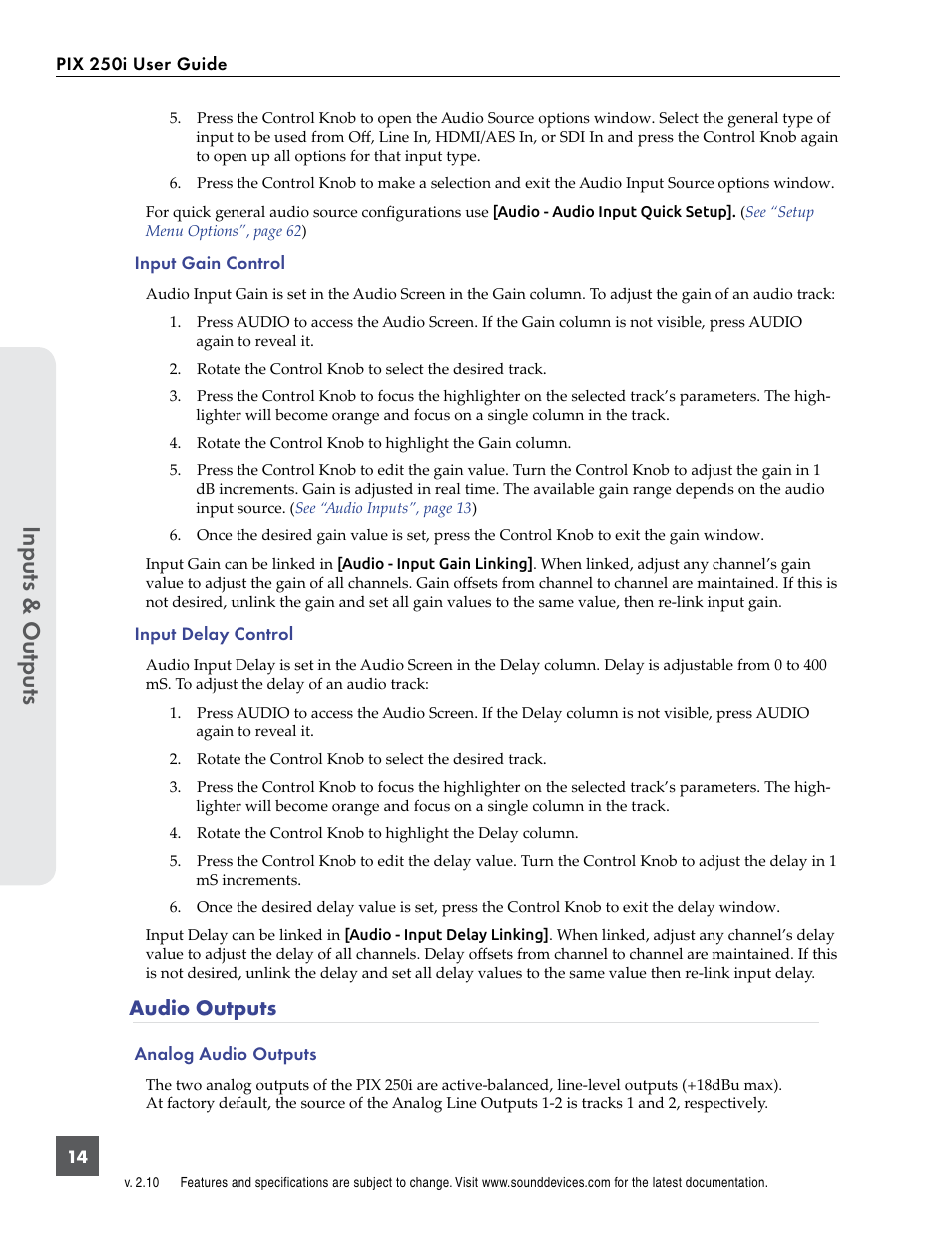 Audio outputs | Sound Devices PIX 250i User Manual | Page 20 / 86