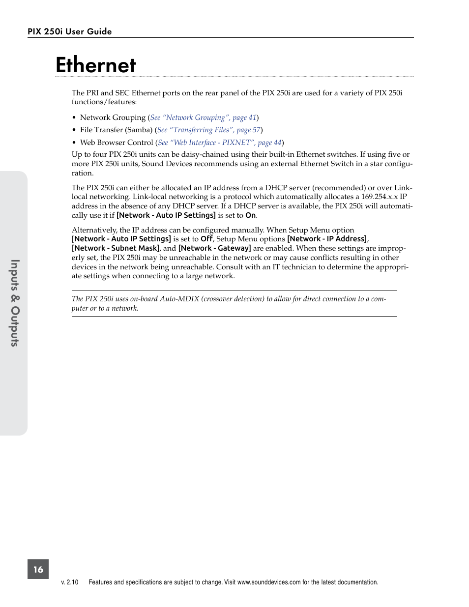 Ethernet | Sound Devices PIX 250i User Manual | Page 22 / 86