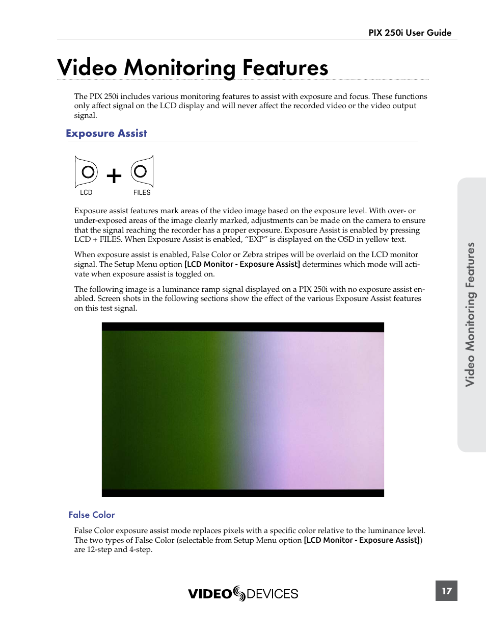 Video monitoring features, Exposure assist, Video monit or ing f eatur es | Sound Devices PIX 250i User Manual | Page 23 / 86