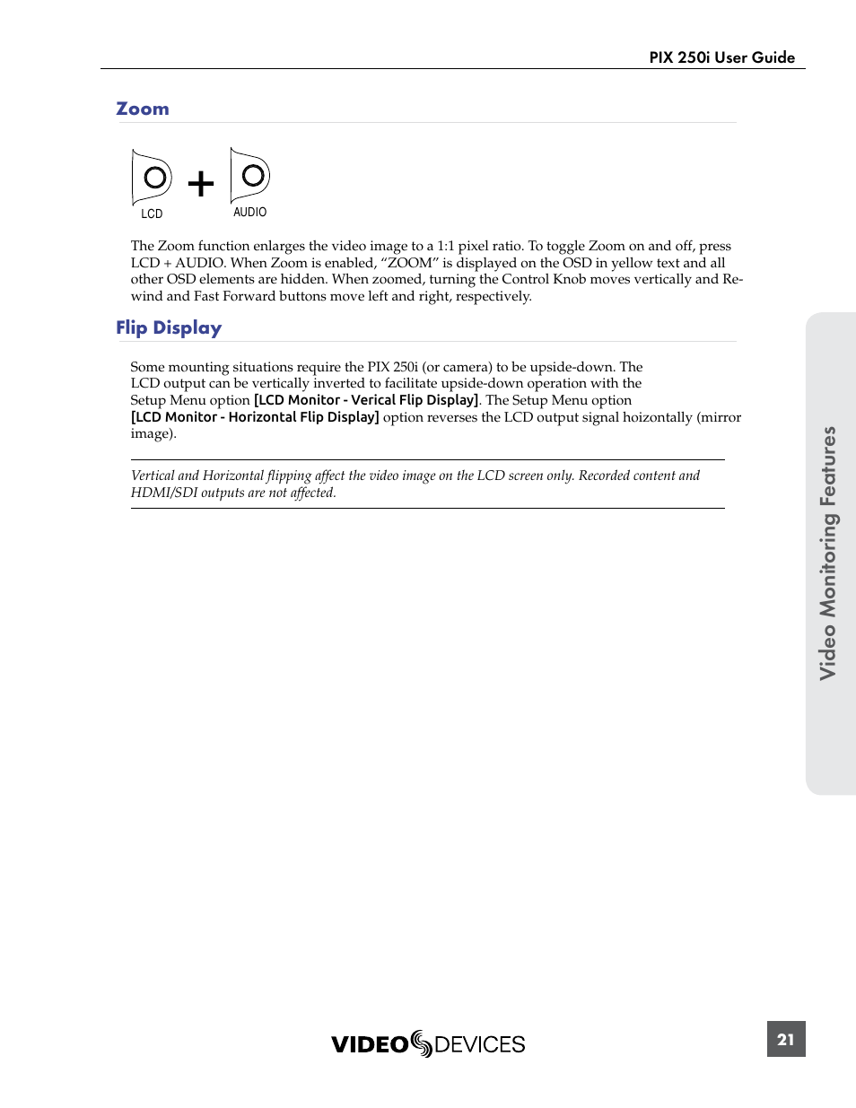 Zoom, Flip display, Zoom flip display | Video monit or ing f eatur es | Sound Devices PIX 250i User Manual | Page 27 / 86