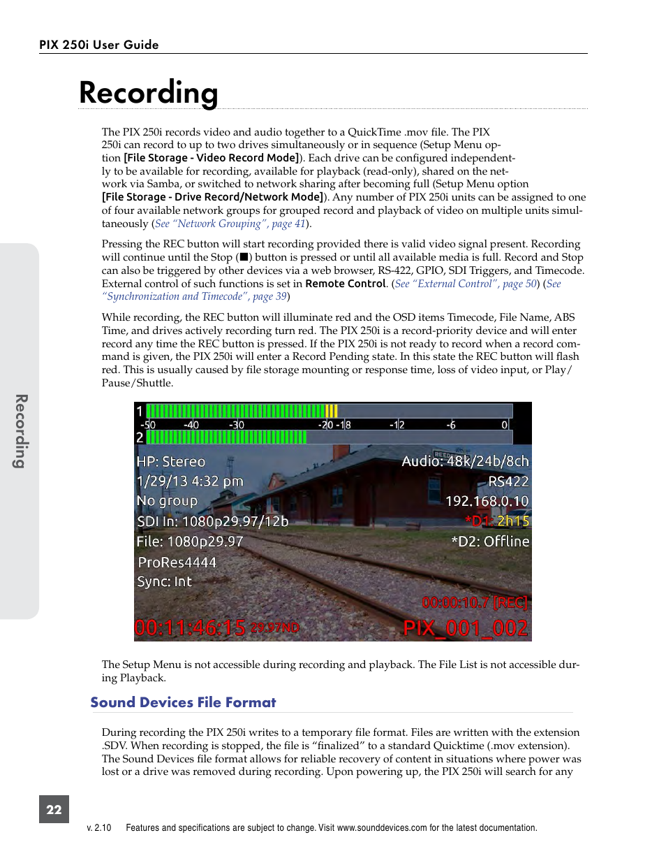 Recording, Sound devices file format, Recor ding | Sound Devices PIX 250i User Manual | Page 28 / 86