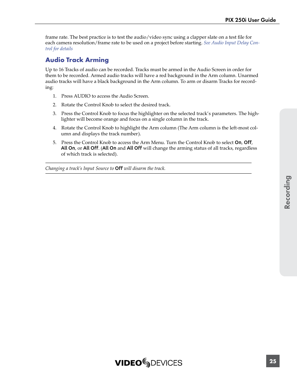 Recor ding, Audio track arming | Sound Devices PIX 250i User Manual | Page 31 / 86