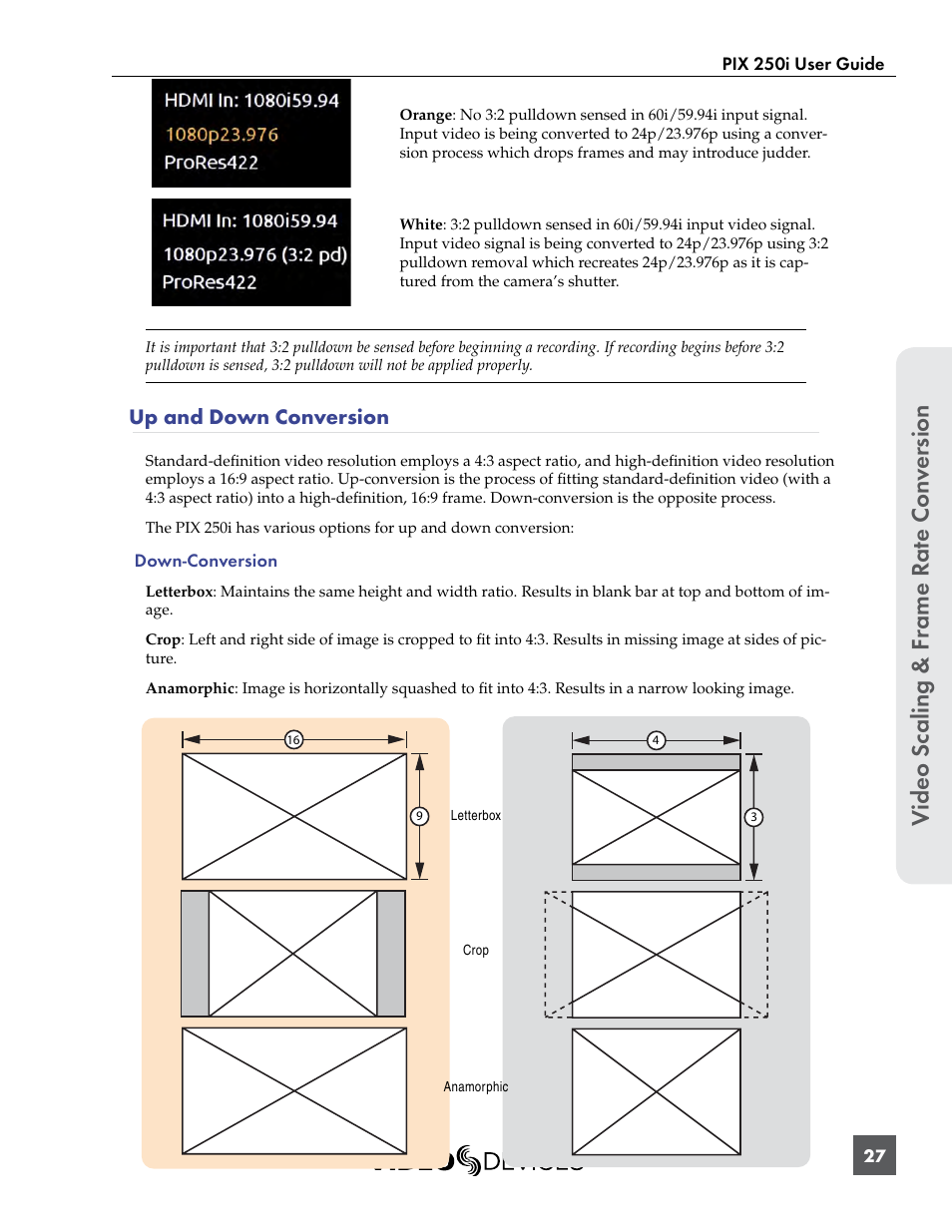 Up and down conversion, Video scaling & f rame r at e con ver sion | Sound Devices PIX 250i User Manual | Page 33 / 86