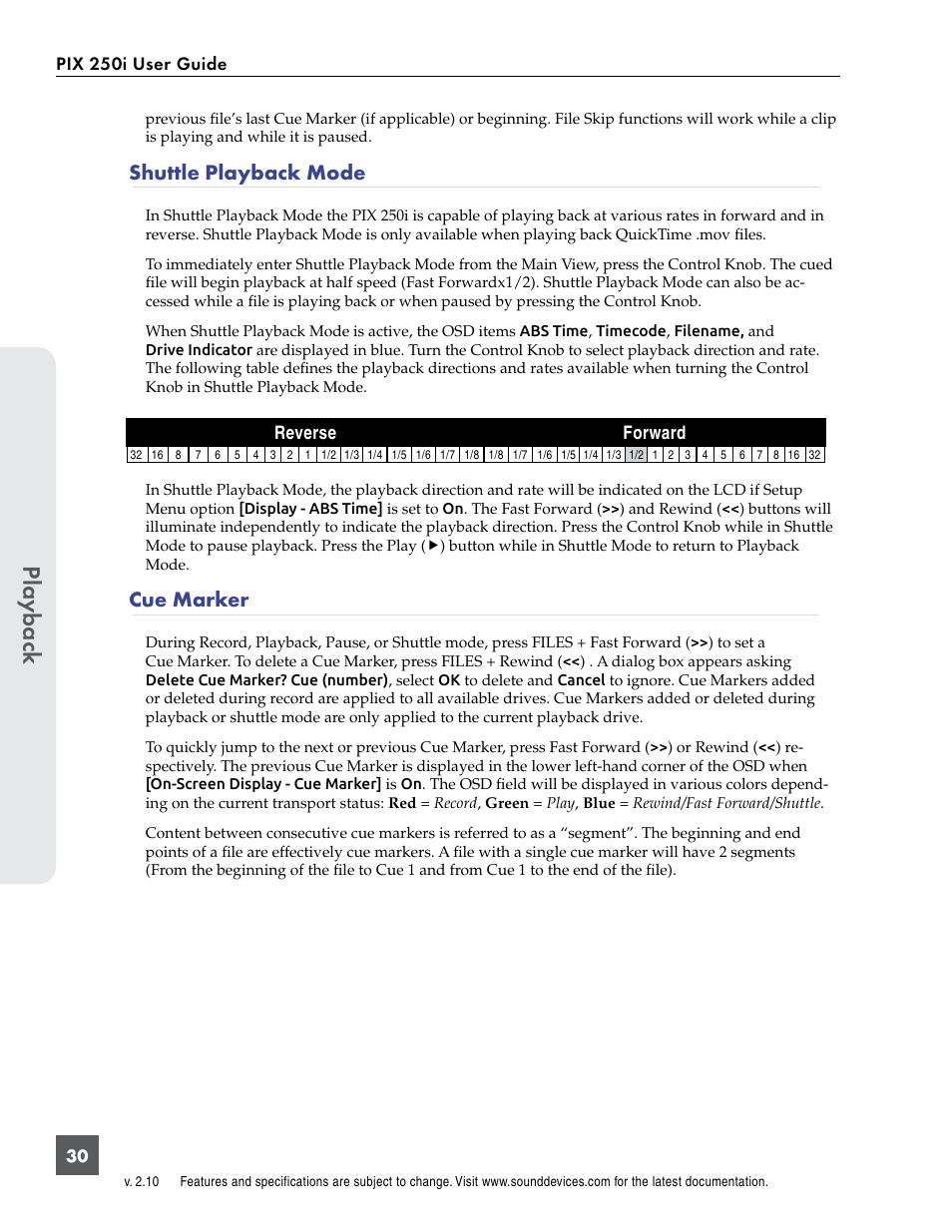 Shuttle playback mode, Cue marker, Shuttle playback mode cue marker | Pla ybac k | Sound Devices PIX 250i User Manual | Page 36 / 86