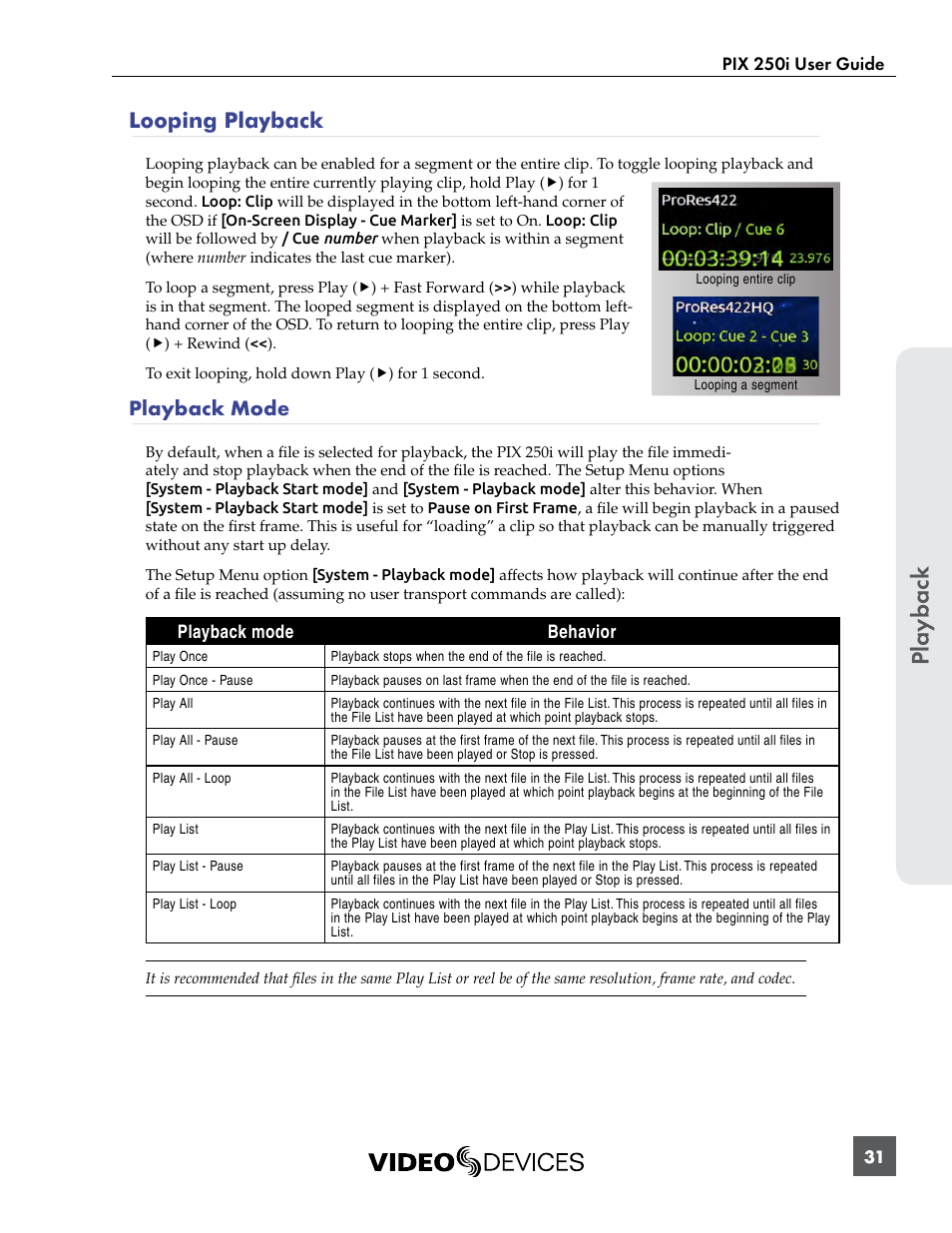 Looping playback, Playback mode, Looping playback playback mode | Pla ybac k | Sound Devices PIX 250i User Manual | Page 37 / 86