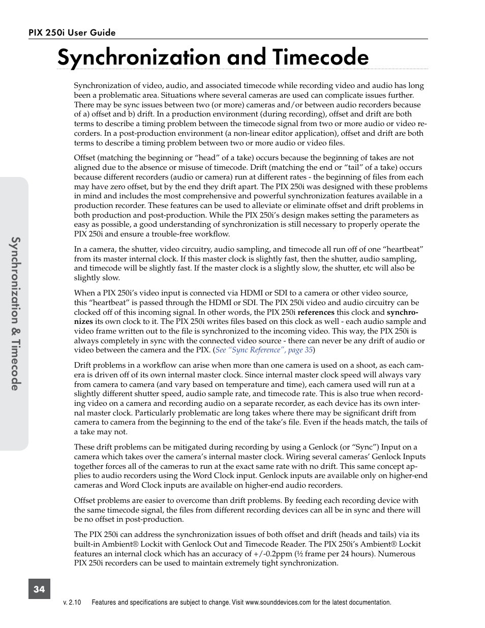 Synchronization and timecode, Sync hr onization & t imecode | Sound Devices PIX 250i User Manual | Page 40 / 86