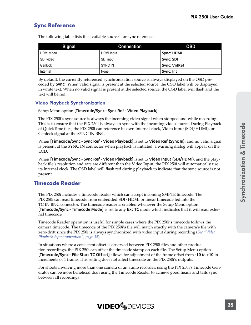 Sync reference, Timecode reader, Sync reference timecode reader | Sync hr onization & t imecode | Sound Devices PIX 250i User Manual | Page 41 / 86