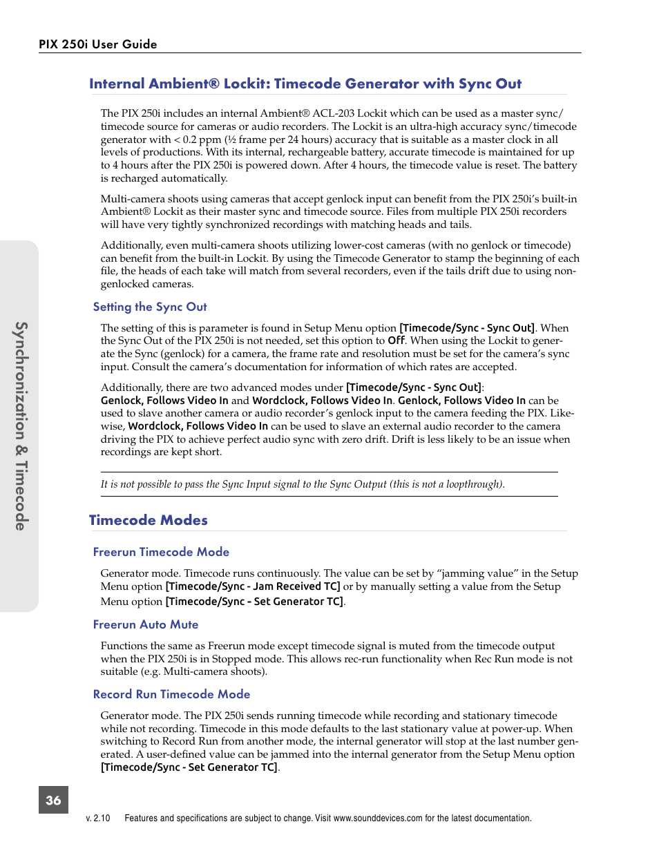 Timecode modes, Sync hr onization & t imecode | Sound Devices PIX 250i User Manual | Page 42 / 86