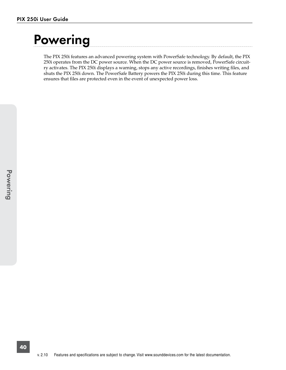 Powering, Po w er ing | Sound Devices PIX 250i User Manual | Page 46 / 86