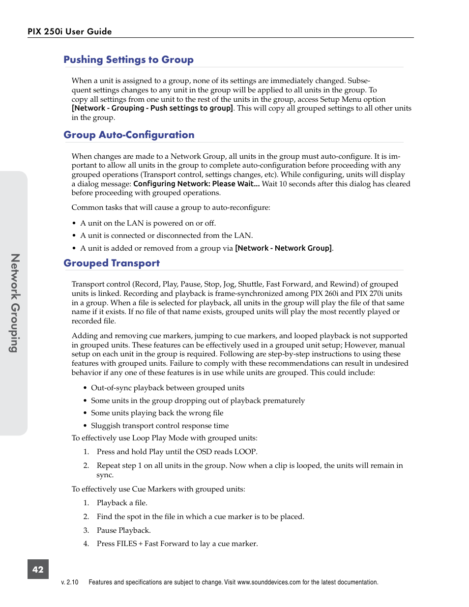 Pushing settings to group, Group auto-configuration, Grouped transport | Group auto-configuration grouped transport, Netw or k gr ouping | Sound Devices PIX 250i User Manual | Page 48 / 86