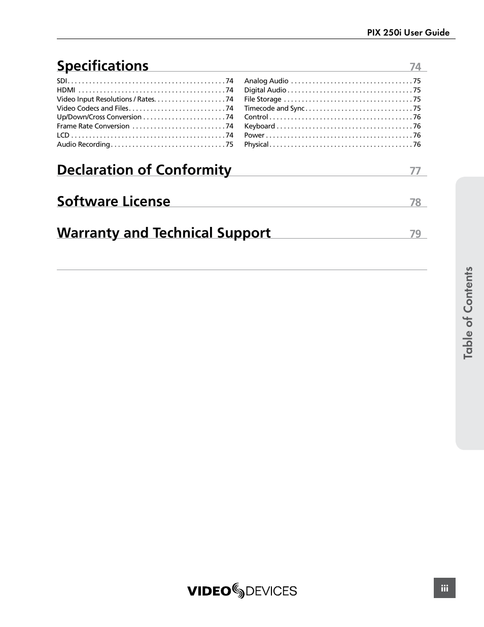 Specifications, Declaration of conformity, Software license | Warranty and technical support | Sound Devices PIX 250i User Manual | Page 5 / 86