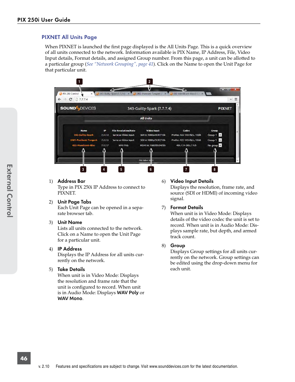 Ext er nal contr ol | Sound Devices PIX 250i User Manual | Page 52 / 86