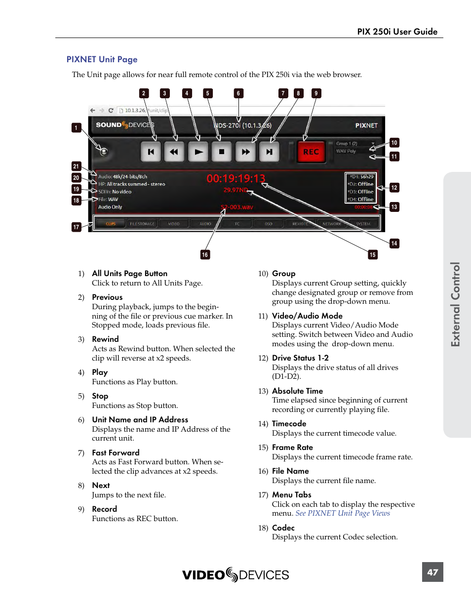 Ext er nal contr ol | Sound Devices PIX 250i User Manual | Page 53 / 86