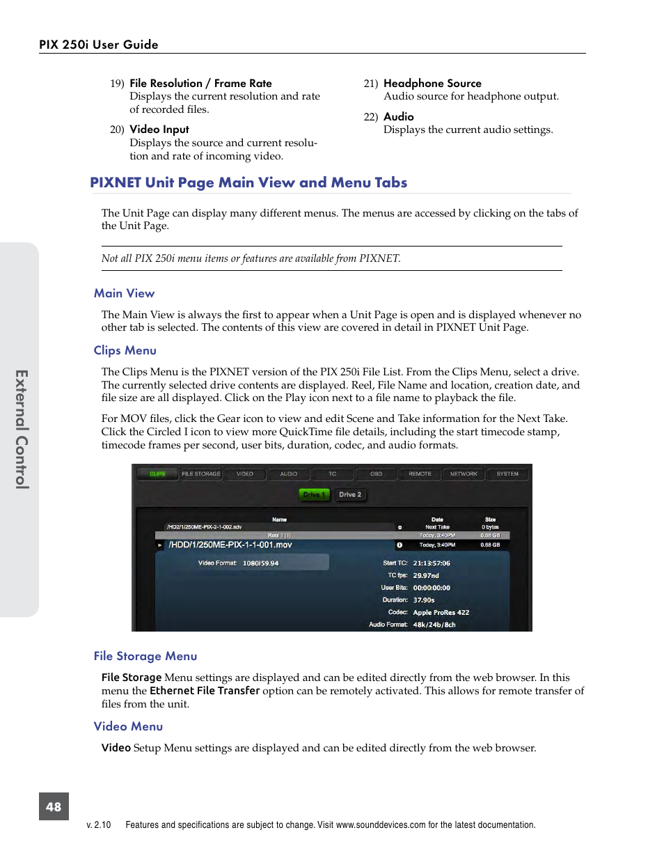 Ext er nal contr ol, Pixnet unit page main view and menu tabs | Sound Devices PIX 250i User Manual | Page 54 / 86