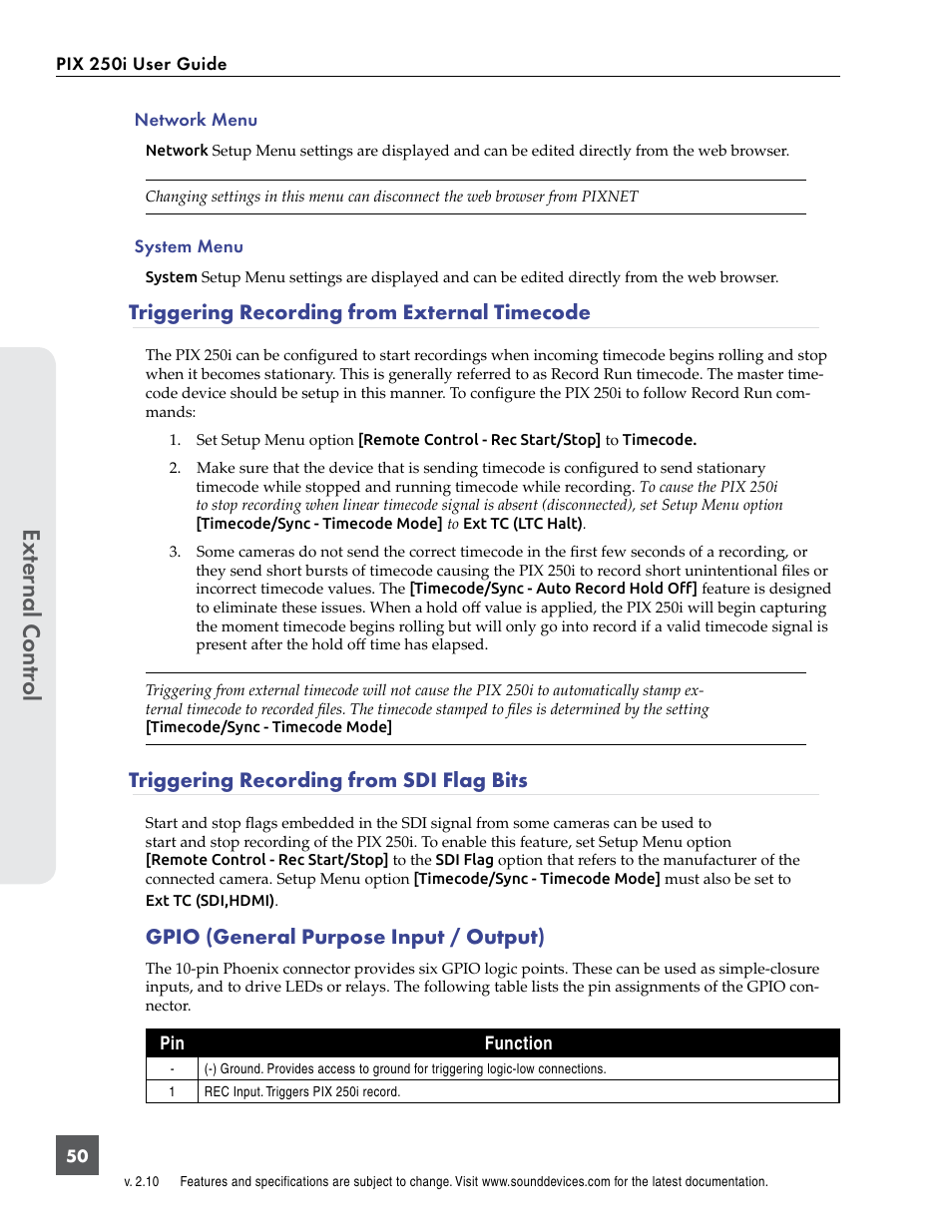 Triggering recording from external timecode, Triggering recording from sdi flag bits, See “gpio (general purpose input / out | Ext er nal contr ol, Gpio (general purpose input / output) | Sound Devices PIX 250i User Manual | Page 56 / 86