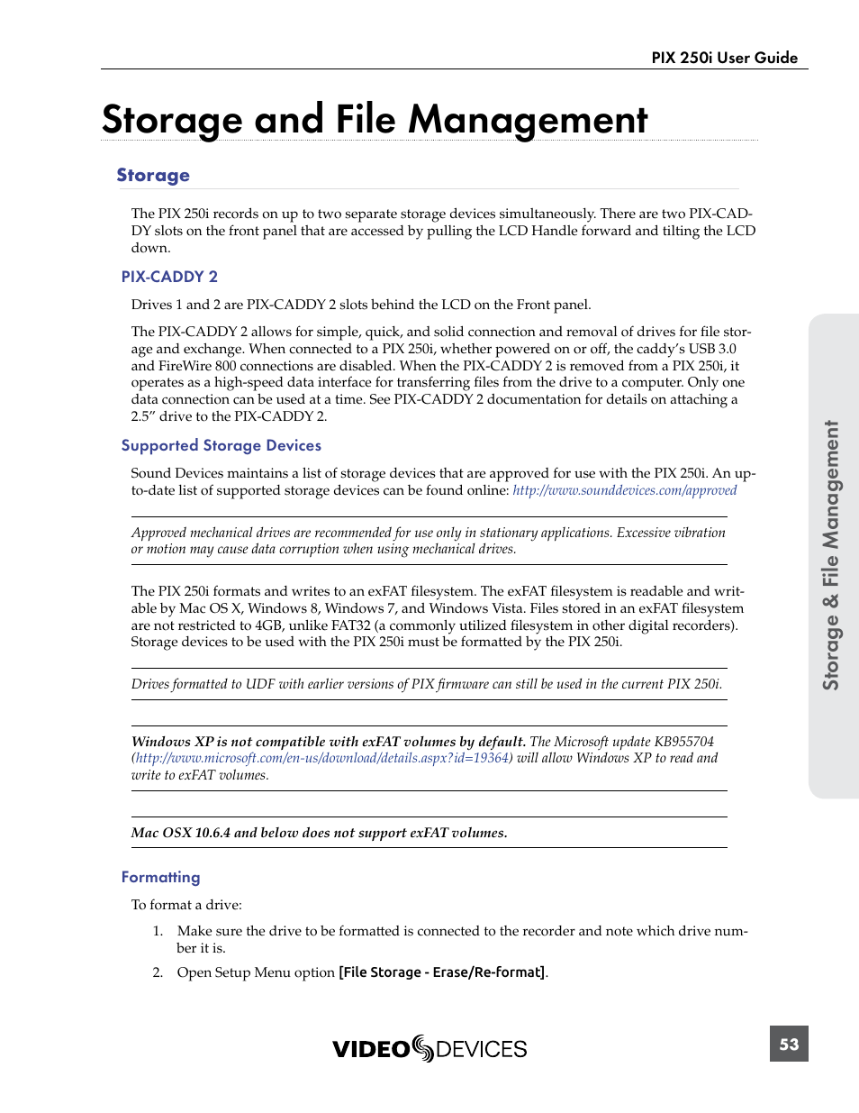 Storage and file management, Storage, Service | See “storage and file manage, St or ag e & f ile manag ement | Sound Devices PIX 250i User Manual | Page 59 / 86