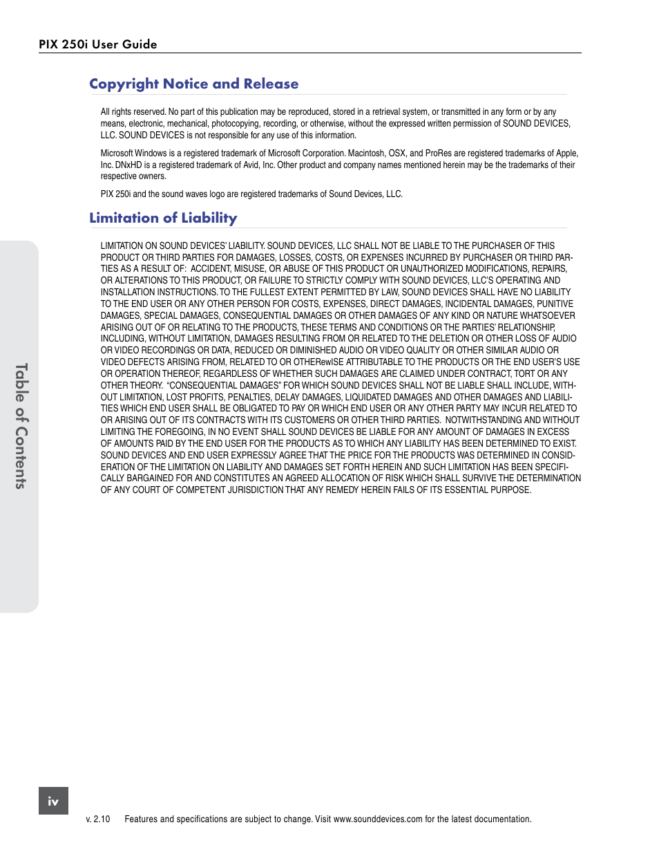 Table of cont ents, Copyright notice and release, Limitation of liability | Sound Devices PIX 250i User Manual | Page 6 / 86