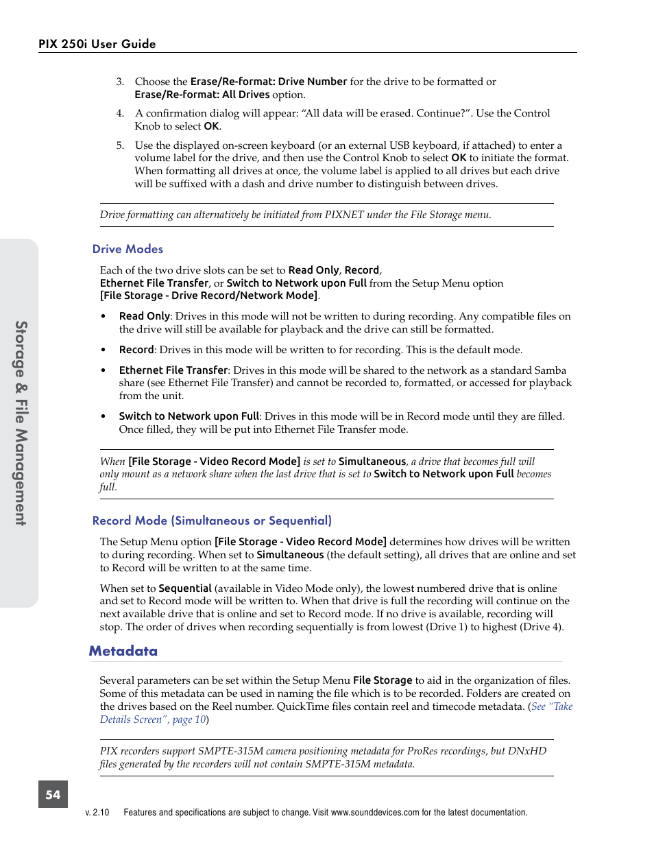 Metadata, Stor ag e & f ile manag ement | Sound Devices PIX 250i User Manual | Page 60 / 86