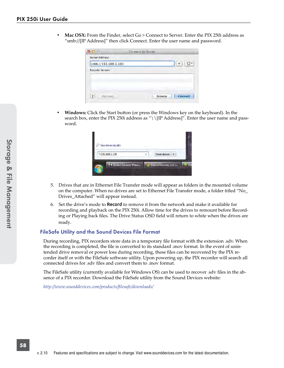 Stor ag e & f ile manag ement | Sound Devices PIX 250i User Manual | Page 64 / 86