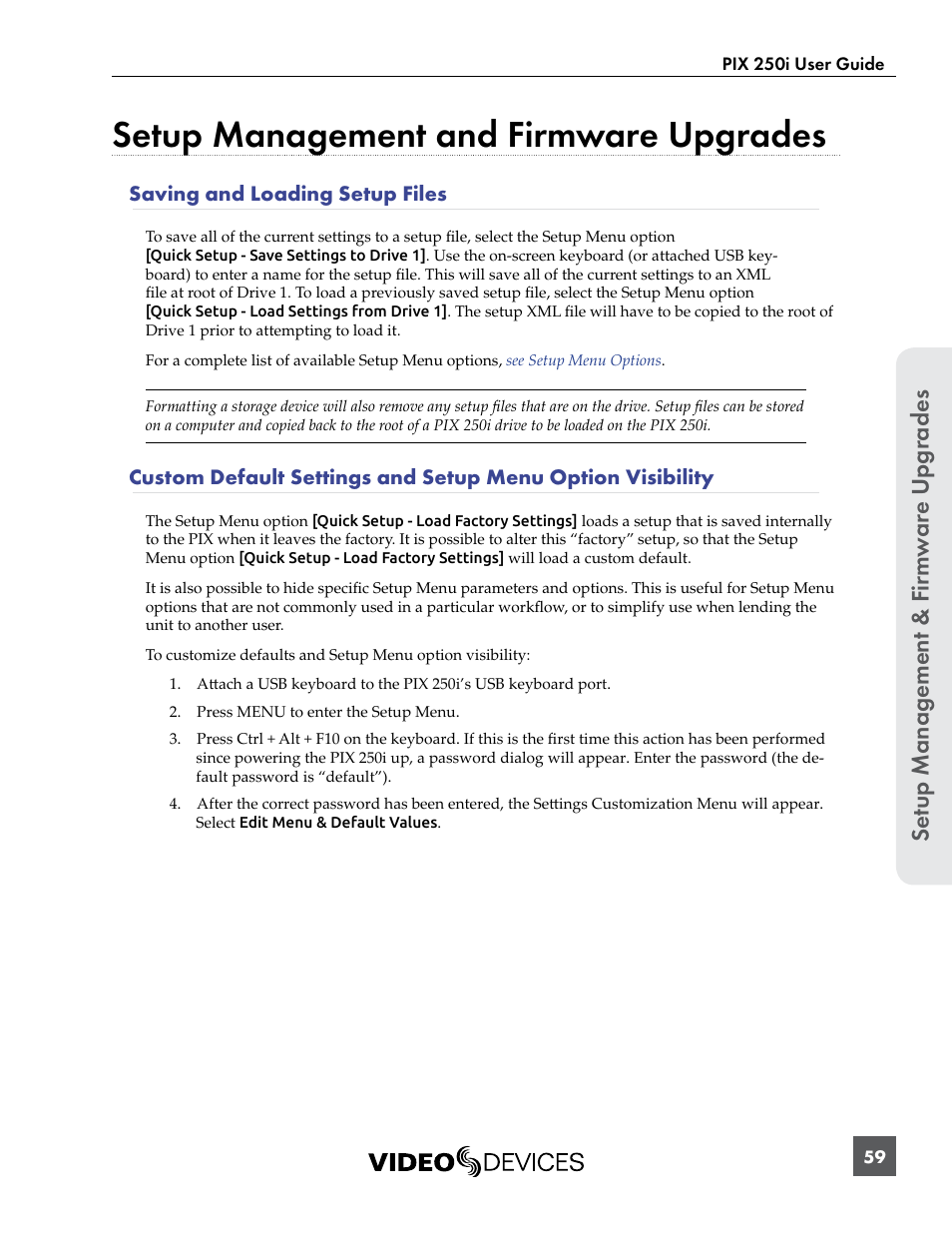 Setup management and firmware upgrades, Saving and loading setup files, Se tup manag ement & f ir m w ar e u pg rades | Sound Devices PIX 250i User Manual | Page 65 / 86