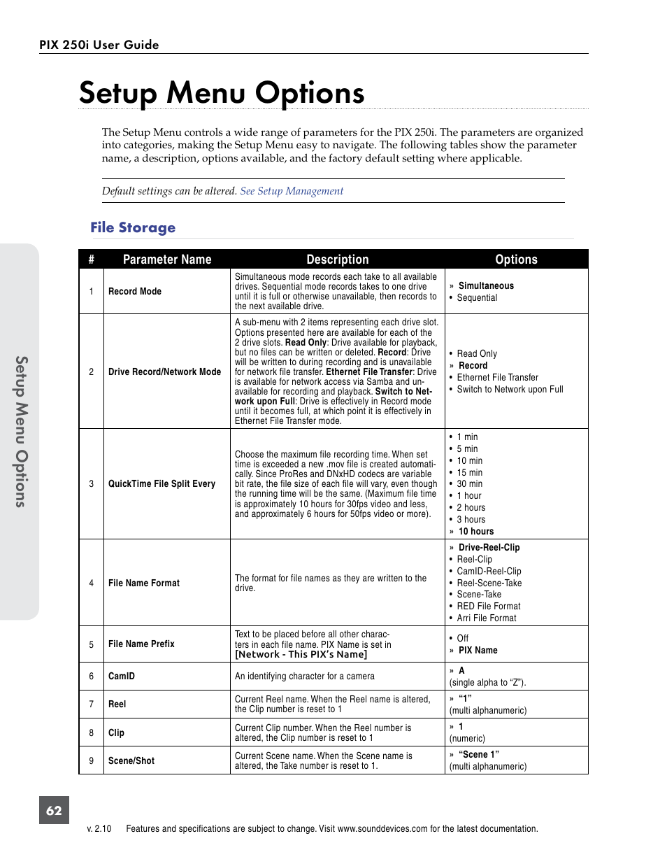 Setup menu options, File storage, See “setup | Se tup menu op tions | Sound Devices PIX 250i User Manual | Page 68 / 86