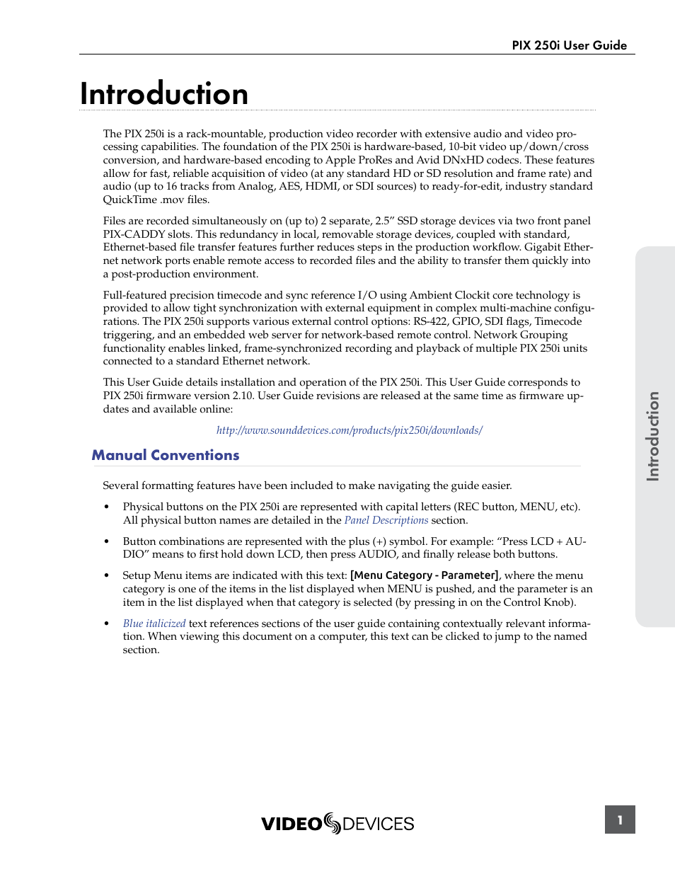 Introduction, Manual conventions, Intr oduction | Sound Devices PIX 250i User Manual | Page 7 / 86