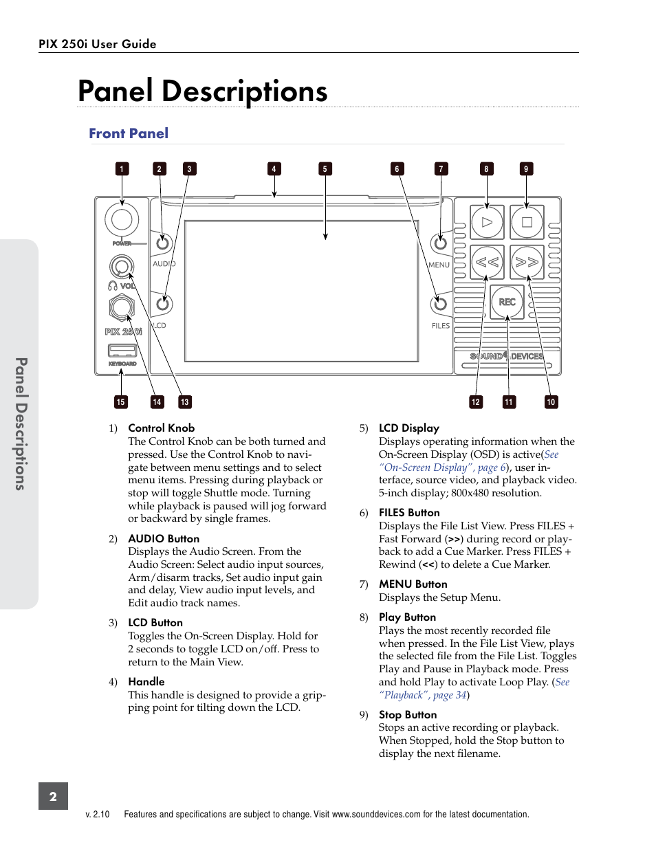 Panel descriptions, Front panel, Panel descr ip tions | Sound Devices PIX 250i User Manual | Page 8 / 86