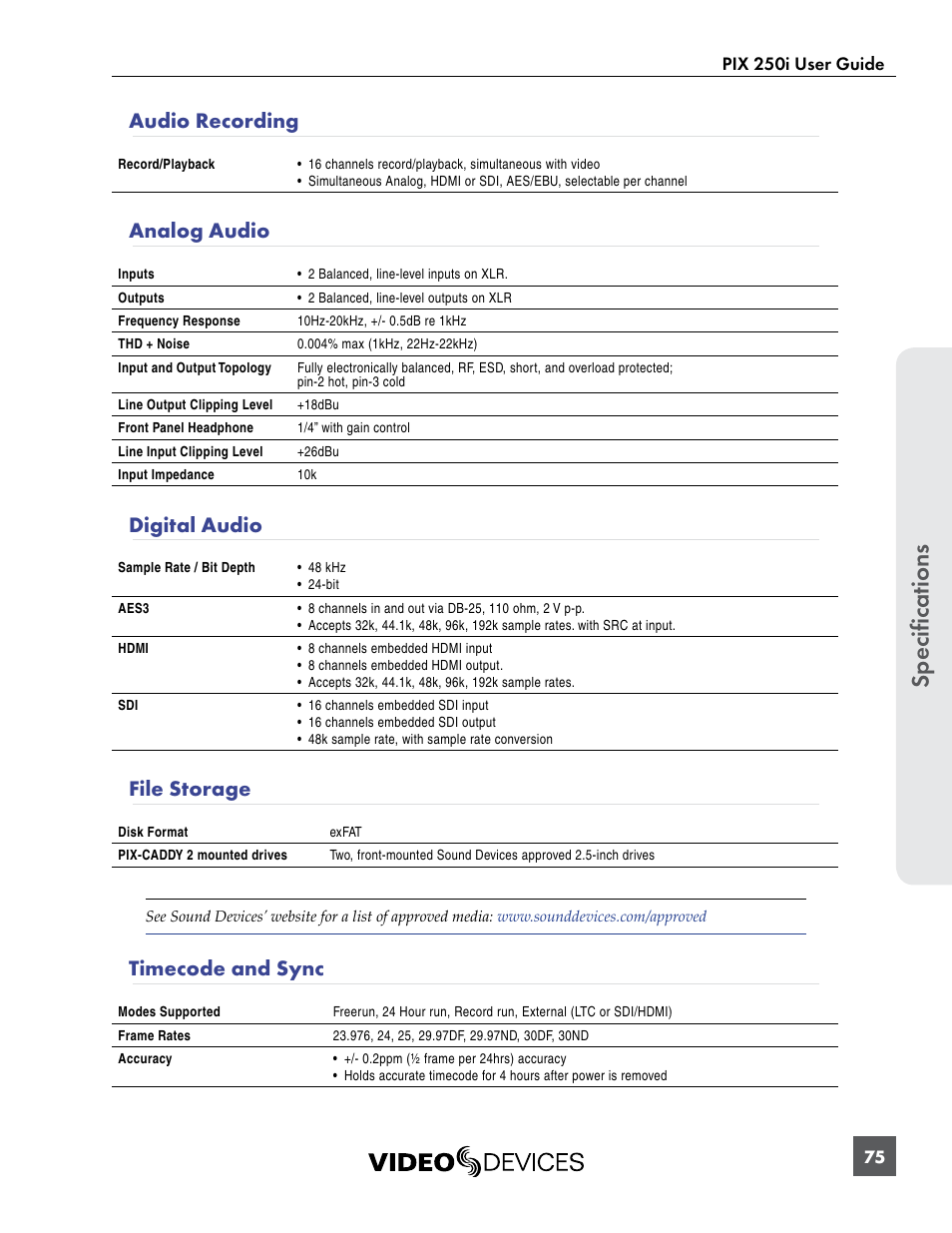 Audio recording, Analog audio, Digital audio | File storage, Timecode and sync, Specifications | Sound Devices PIX 250i User Manual | Page 81 / 86