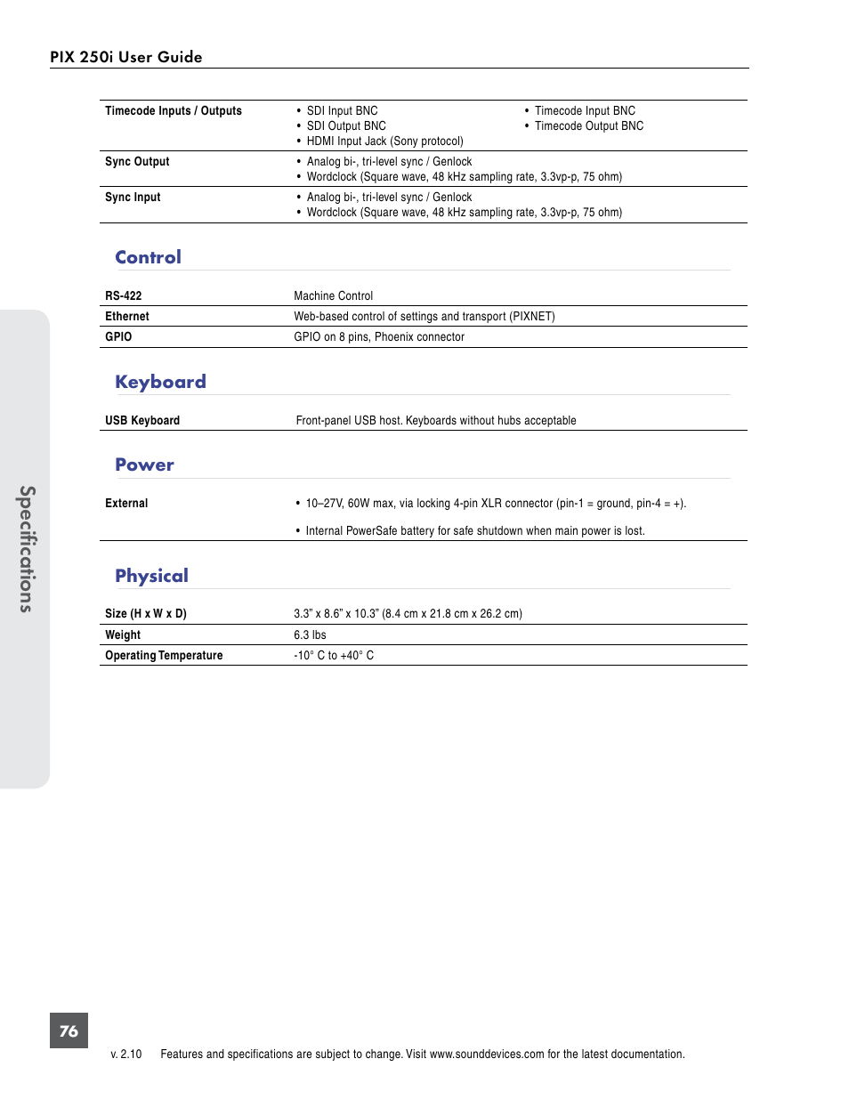 Control, Keyboard, Power | Physical, Control keyboard power physical, Specifications | Sound Devices PIX 250i User Manual | Page 82 / 86