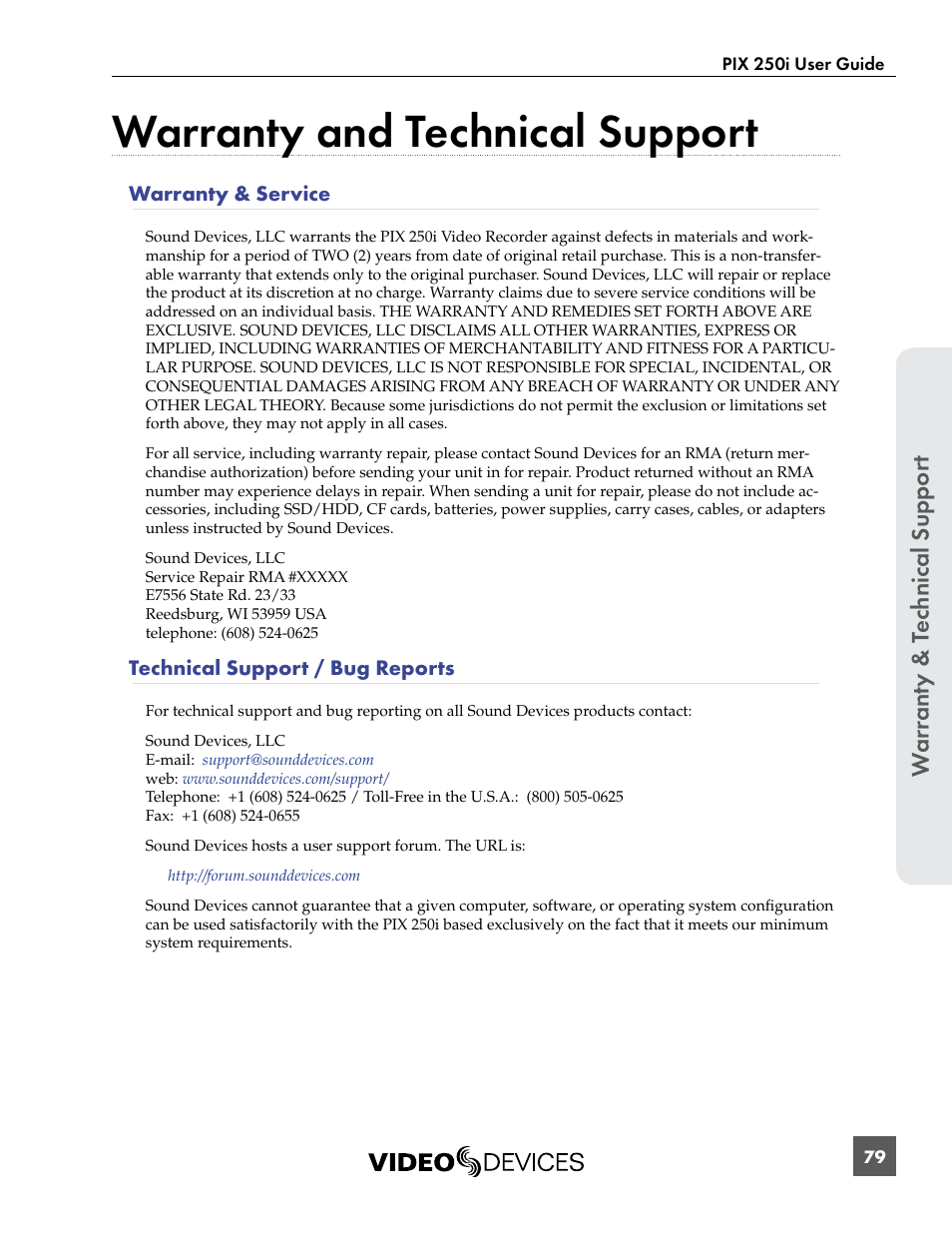 Warranty and technical support, War ranty & t ec hnical suppor t, Warranty & service | Technical support / bug reports | Sound Devices PIX 250i User Manual | Page 85 / 86