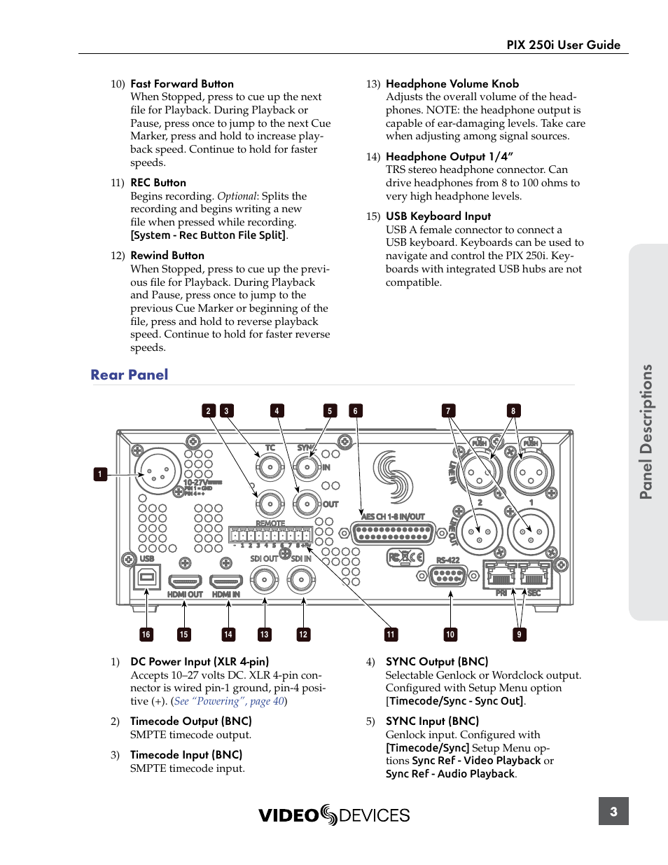 Rear panel, Panel descr ip tions | Sound Devices PIX 250i User Manual | Page 9 / 86