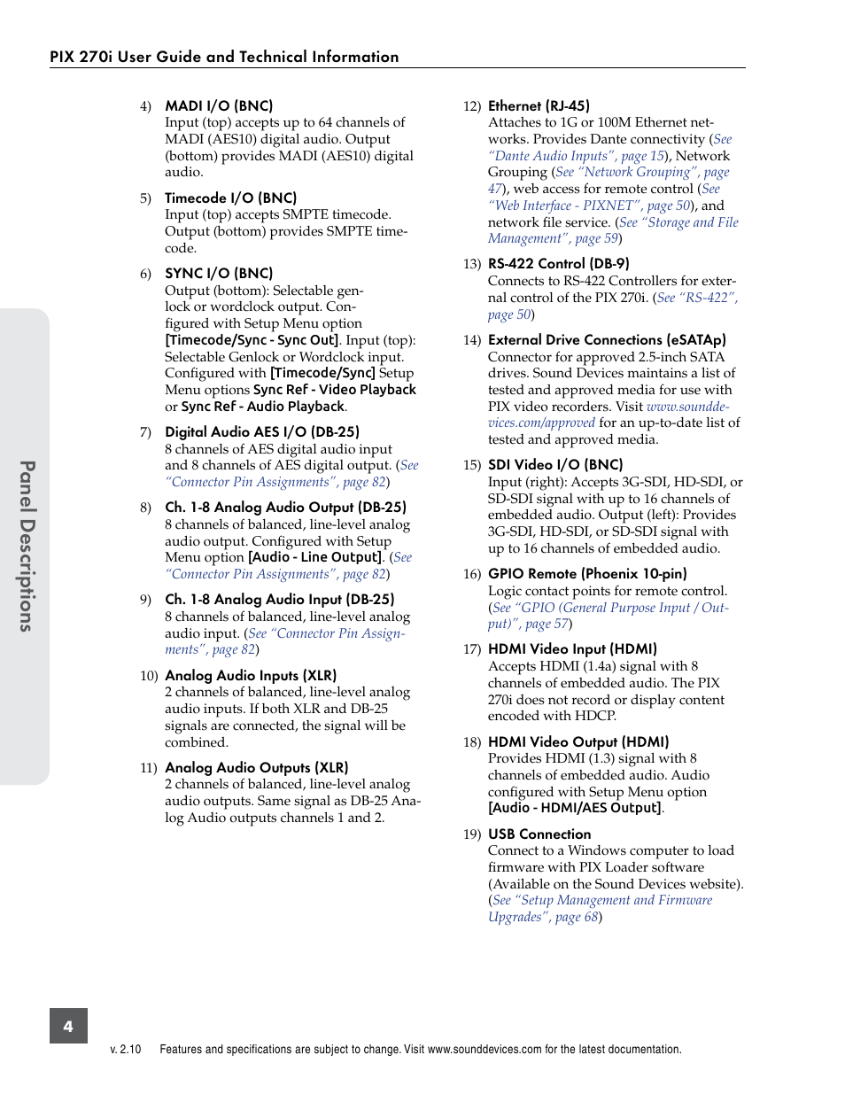 Panel descr ip tions | Sound Devices PIX 270i User Manual | Page 10 / 99