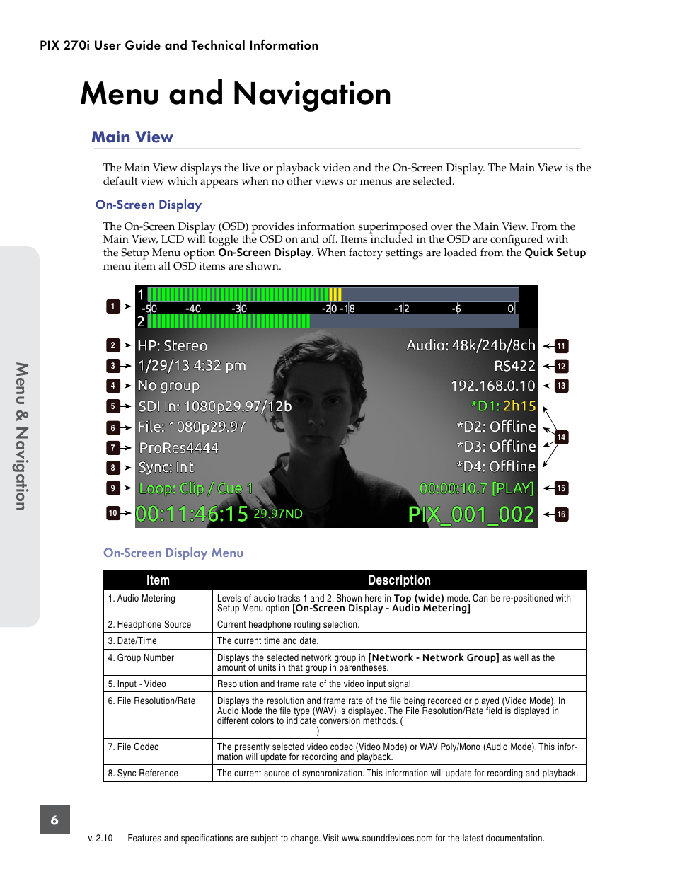 Menu and navigation, Main view, Een display (osd) is active | User in, Menu & n avig ation | Sound Devices PIX 270i User Manual | Page 12 / 99