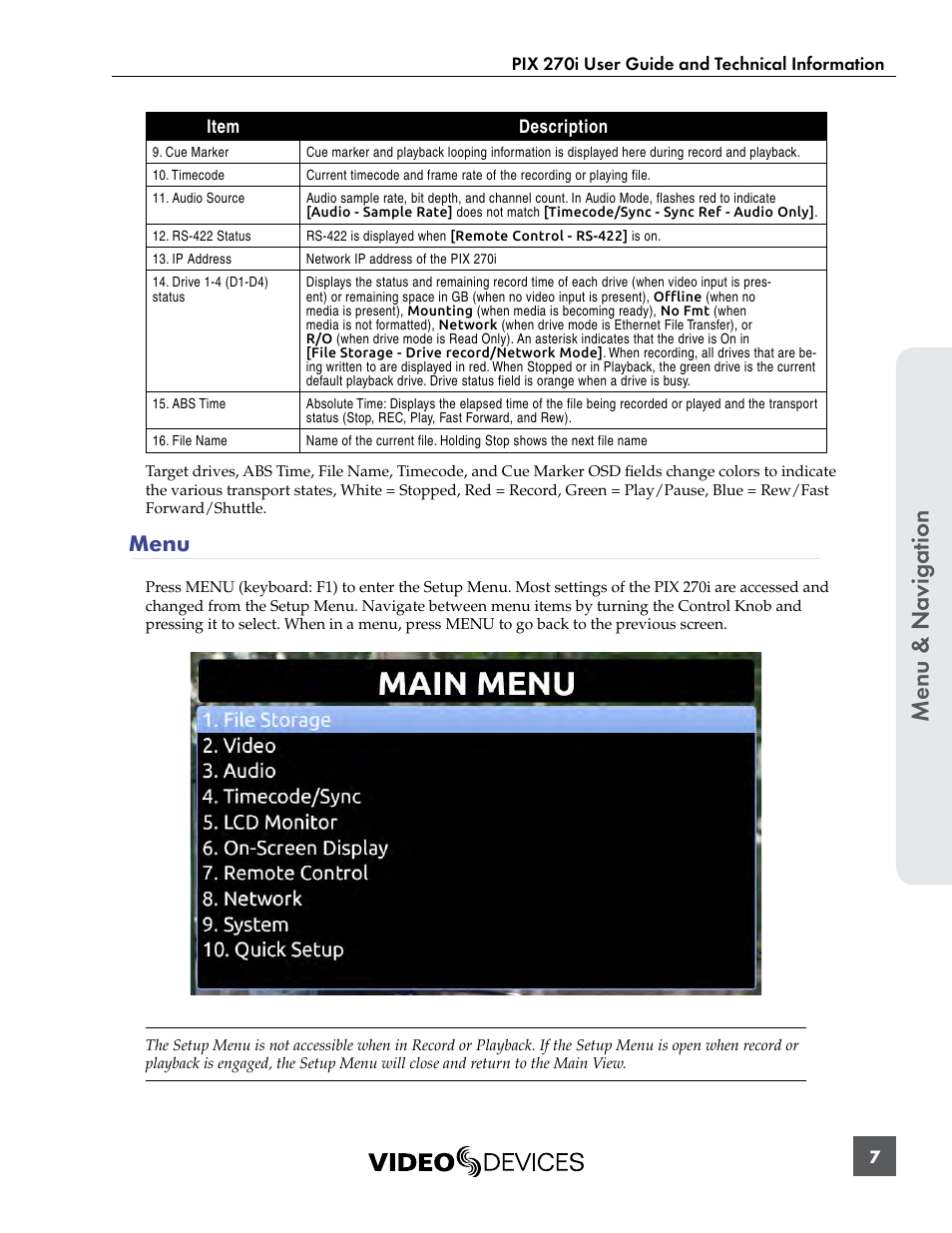 Menu, Menu & n avig ation | Sound Devices PIX 270i User Manual | Page 13 / 99