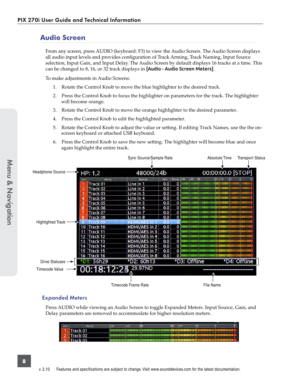 Audio screen, Menu & n avig ation | Sound Devices PIX 270i User Manual | Page 14 / 99