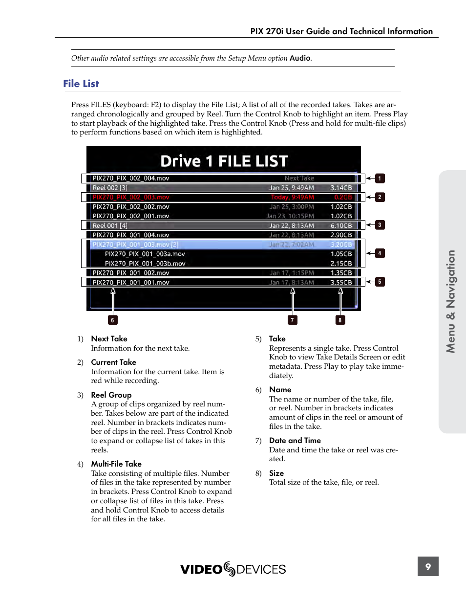 File list, Menu & n avig ation | Sound Devices PIX 270i User Manual | Page 15 / 99