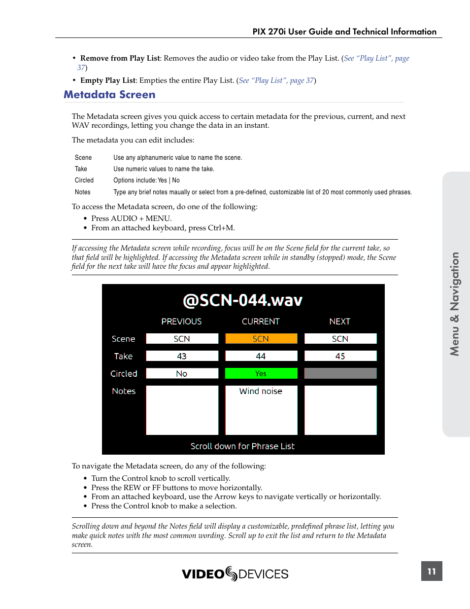 Metadata screen, Menu & n avig ation | Sound Devices PIX 270i User Manual | Page 17 / 99
