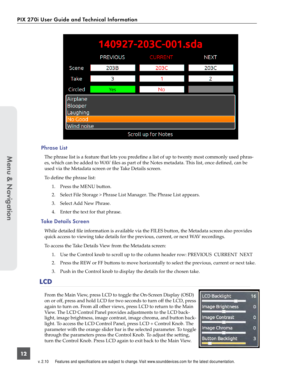 Menu & n avig ation | Sound Devices PIX 270i User Manual | Page 18 / 99