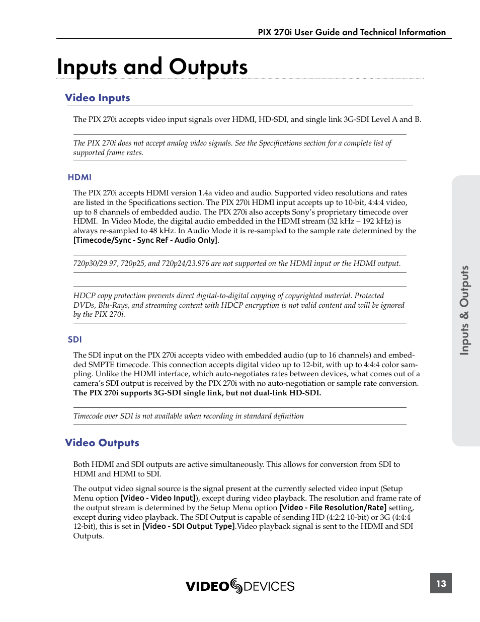 Inputs and outputs, Video inputs, Video outputs | Video inputs video outputs | Sound Devices PIX 270i User Manual | Page 19 / 99