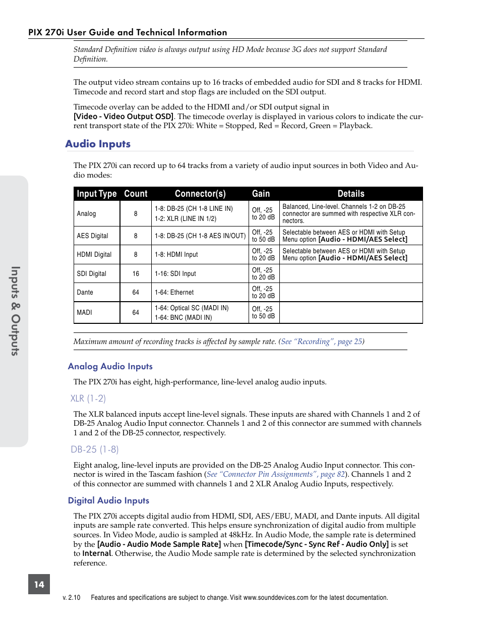 Audio inputs | Sound Devices PIX 270i User Manual | Page 20 / 99