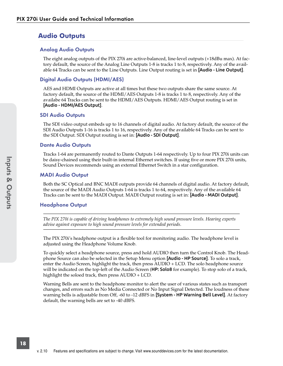Audio outputs | Sound Devices PIX 270i User Manual | Page 24 / 99