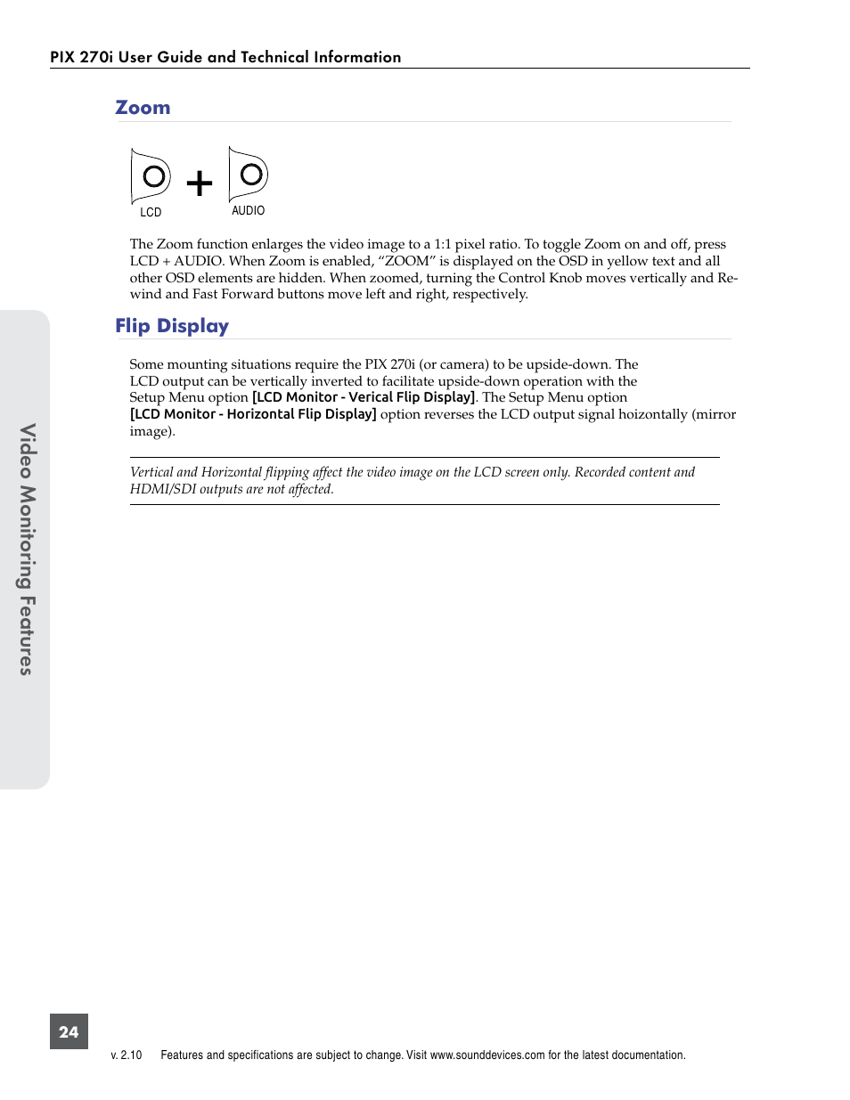Zoom, Flip display, Zoom flip display | Video monit or ing f eatur es | Sound Devices PIX 270i User Manual | Page 30 / 99