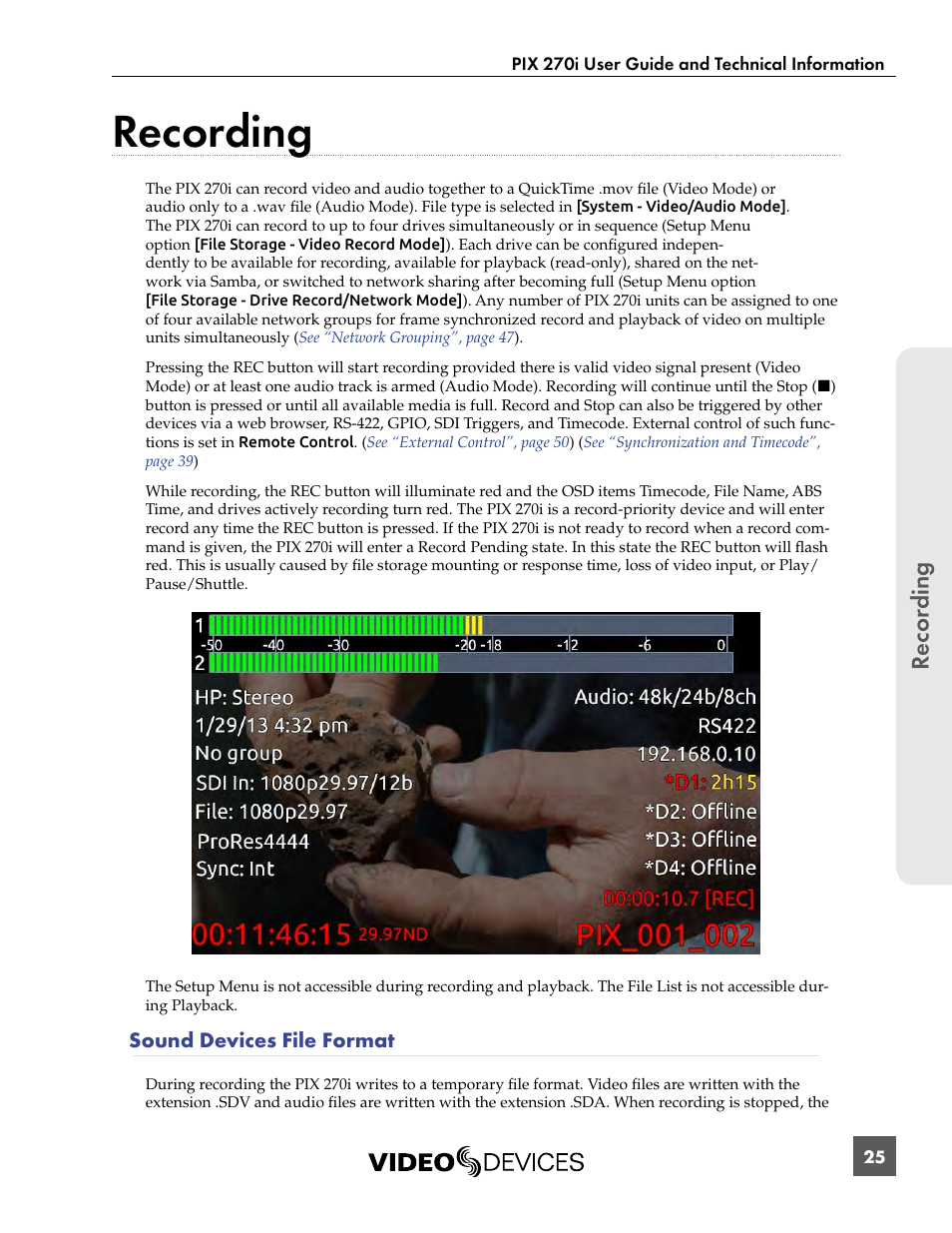 Recording, Sound devices file format, Ecording tracks is affected by sample rate | Recor ding | Sound Devices PIX 270i User Manual | Page 31 / 99