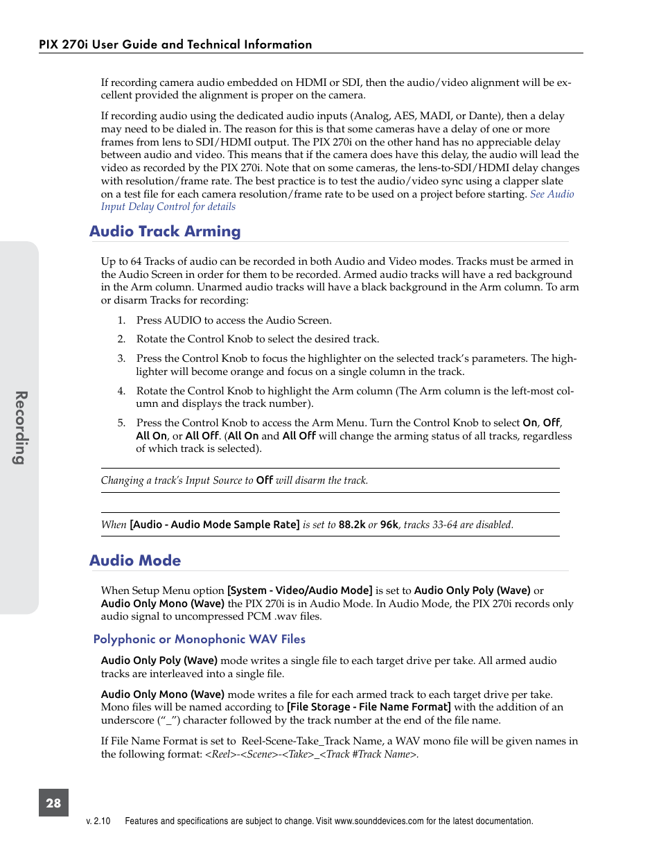 Audio track arming, Audio mode, Audio track arming audio mode | Recor ding | Sound Devices PIX 270i User Manual | Page 34 / 99