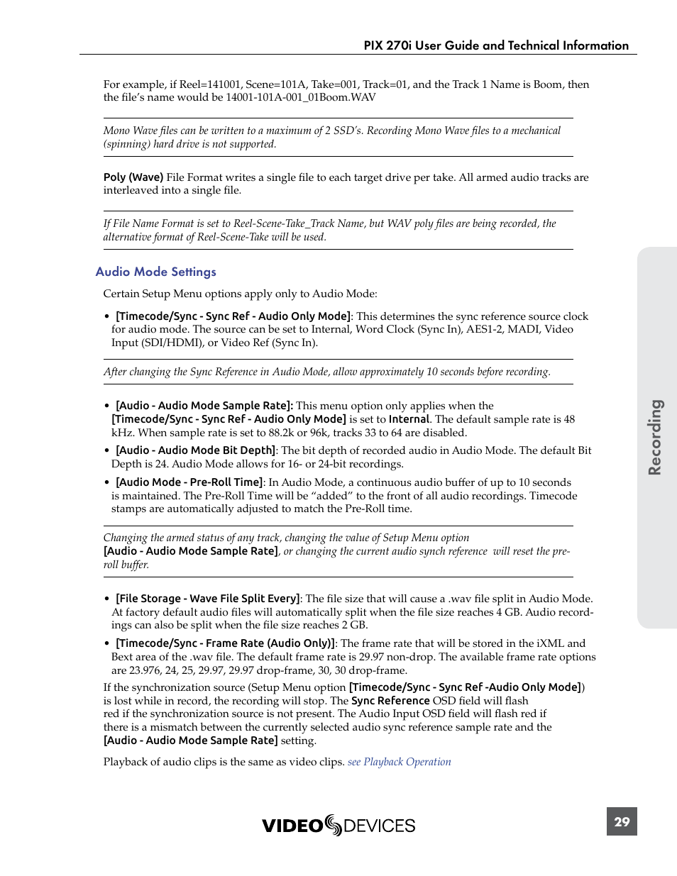 Recor ding | Sound Devices PIX 270i User Manual | Page 35 / 99