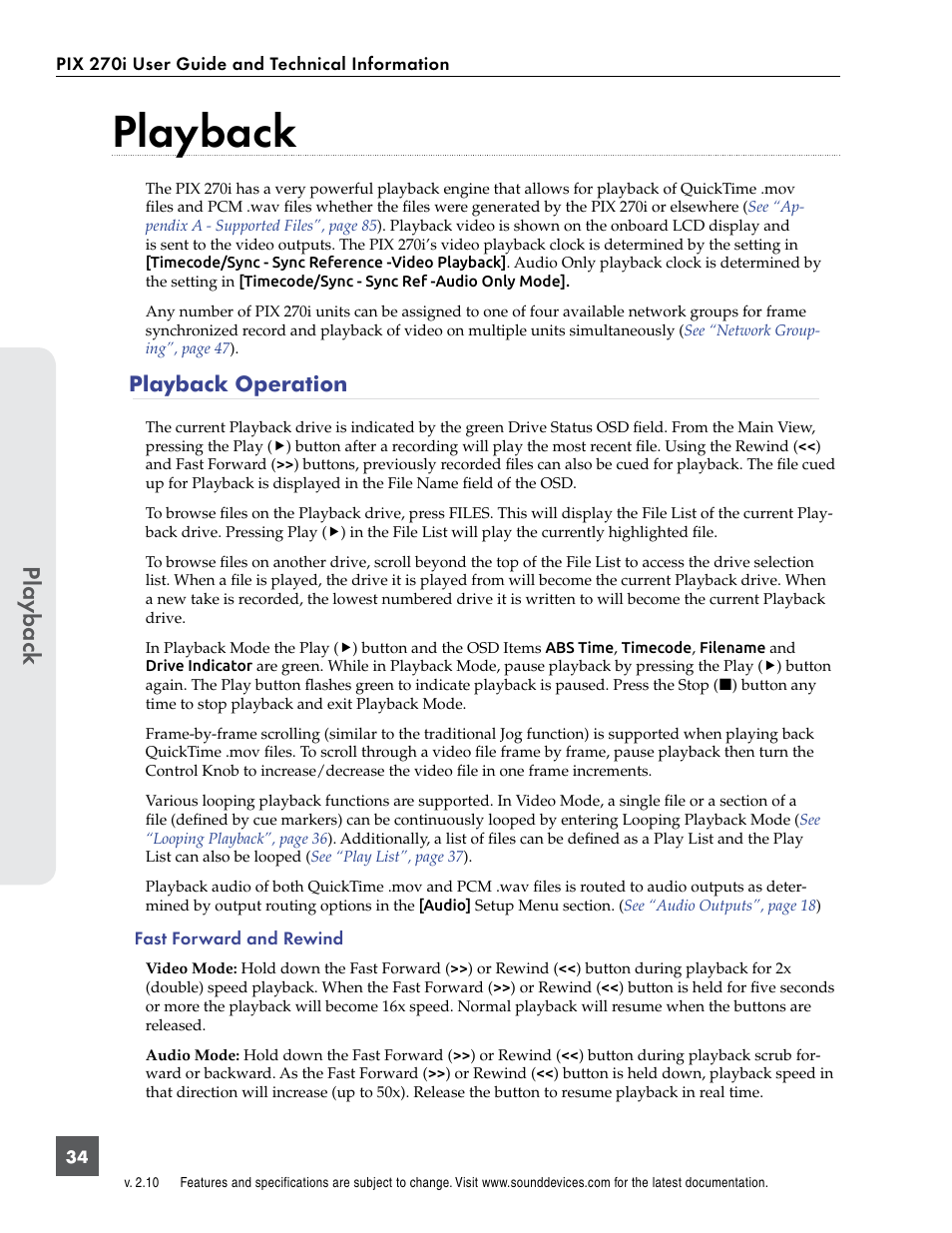 Playback, Playback operation, Pla ybac k | Sound Devices PIX 270i User Manual | Page 40 / 99